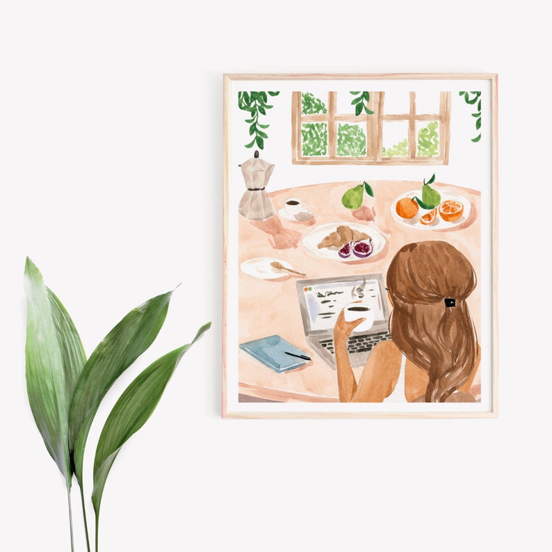 May include: A watercolor illustration of a person sitting at a table with a laptop, a cup of coffee, and a plate of fruit. The person is looking at the laptop screen. The table is set with a white tablecloth and a vase of flowers. The background is a window with a view of a garden.