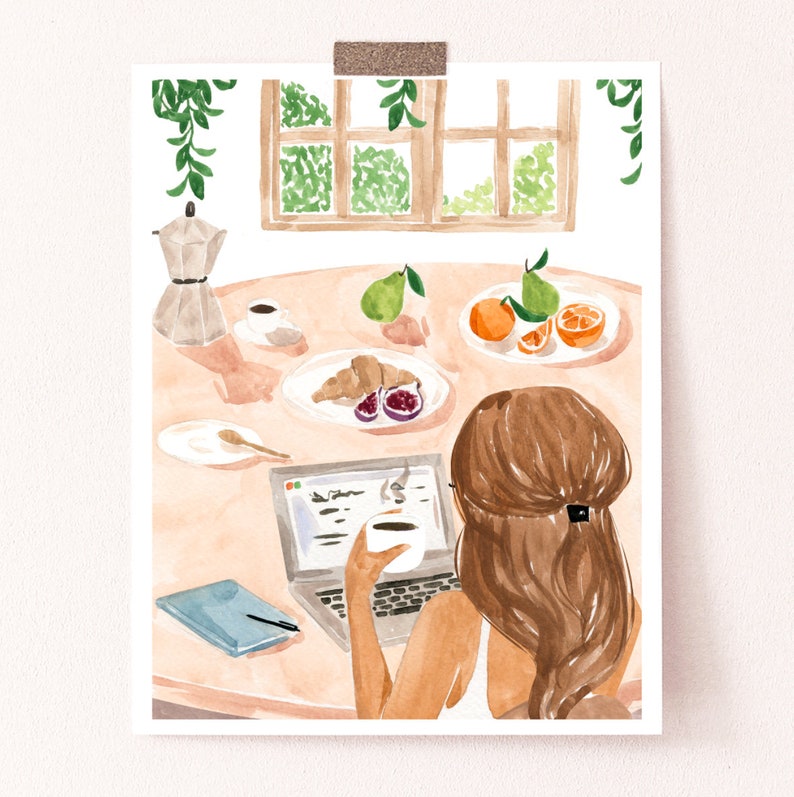 May include: A watercolor painting of a woman working on a laptop at a table with a cup of coffee, a plate of fruit, and a croissant. The woman has long brown hair and is wearing a white tank top. The table is set with a blue notebook and a pen.