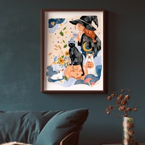 Halloween Art Print, Witch, Black Cat and Ghost Dogs, Witchy Wall Art