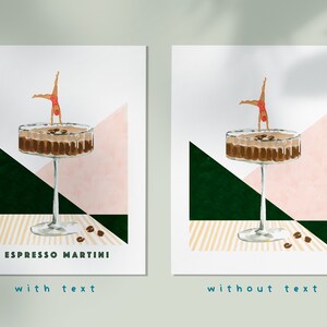 May include: A digital illustration of a coffee cocktail with a woman doing a handstand in the drink. The background is a geometric pattern of pink, green, and yellow stripes. The text "Espresso Martini" is below the drink.