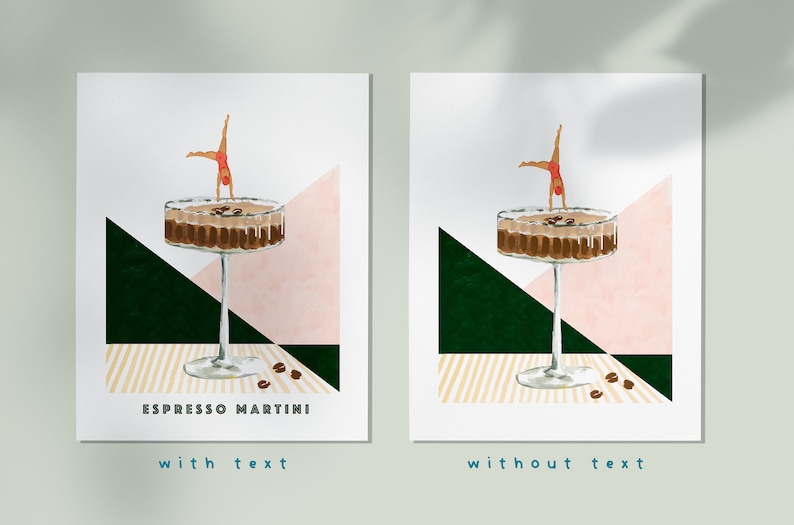 May include: A digital illustration of a coffee cocktail with a woman doing a handstand in the drink. The background is a geometric pattern of pink, green, and yellow stripes. The text "Espresso Martini" is below the drink.