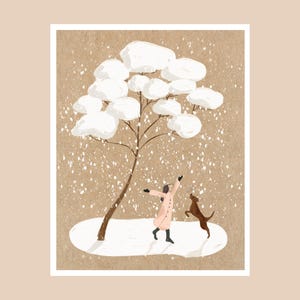 Stampa artistica di ragazza e cane in inverno: dipinto di un labrador innevato