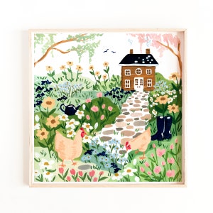 Hühner im Garten Druck - Ländliche Küche Wandkunst, Rustikale Bauernhaus Dekoration, Botanische Huhn Illustration, Cottagecore Kunstdruck