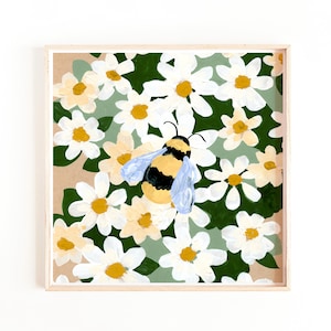 Bumble Bee on Daisies Art Print, Daisy Wall Art, Floral Prints, Modern Flower Decor, Pollinator Painting
