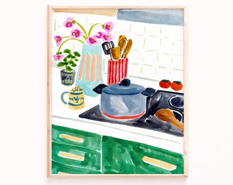 Cozy Kitchen Art Print, Colorful Kitchen Wall Decor, Whimsical Home Illustration
