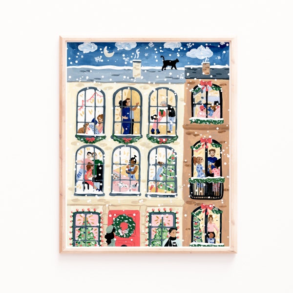 Christmas Apartments Art Print - Sabina Fenn Illustration - Holiday Christmas Watercolor Gouache Painting - Wall Decor - Seasonal Art
