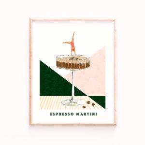 May include: A digital illustration of an espresso martini cocktail with a woman in a red swimsuit diving into the drink. The background is a geometric pattern of pink, green, and yellow.