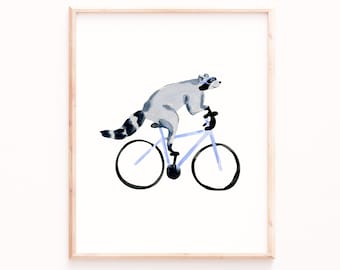 Raccoon Art Print, Gifts for Him, Animal Wall Art, Animal Paintings, Raccoon Biking, Bicycle, Funny Animal Prints, Raccoon Wall Art
