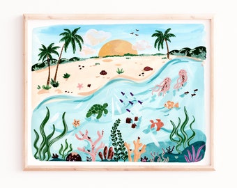 Impression sous-marine, Ocean Wall Art, Sous la mer, Illustration, Impressions de salle de bain, Décoration de chambre d’enfants, Impressions d’art tropical, Sabina Fenn, Art de plage