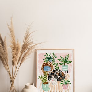 Impression chat endormi, portrait calicot, chat et plantes, cadeaux pour amoureux des chats, cadeaux fête des mères, cadeau pour elle, chats aquarelles image 2