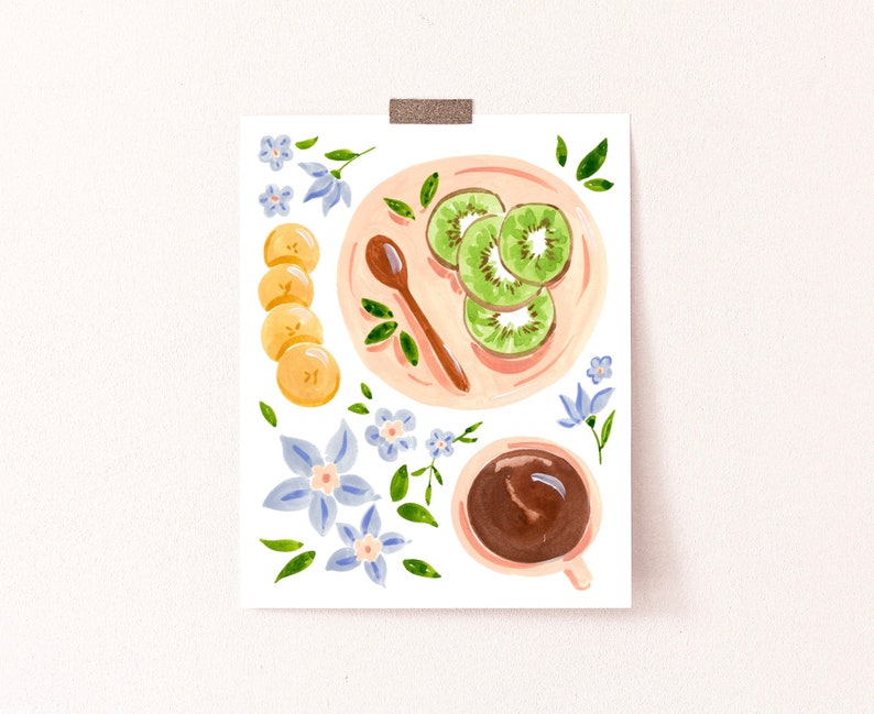 Kiwis and Coffee Art Print, Fruit and Flowers Bananas Gouache Painting, Perfect for kitchen dining room, Sabina Fenn Illustration image 2