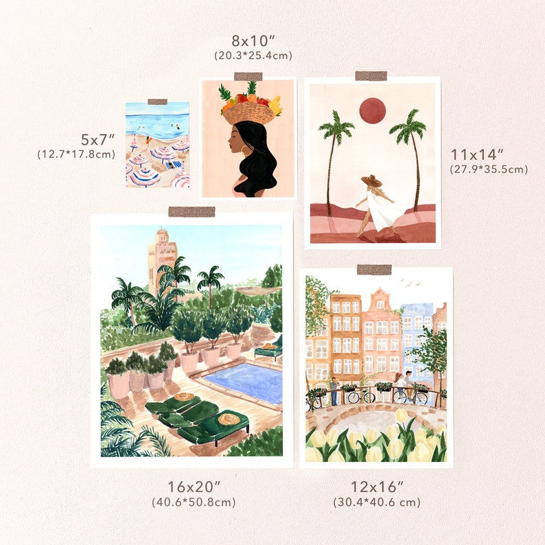 May include: Five watercolor illustrations of different scenes, each with a white border and a size label in inches and centimeters. The illustrations include a beach scene with umbrellas, a woman with a basket of fruit on her head, a woman walking on a beach with palm trees, a courtyard with a pool and palm trees, and a city scene with buildings and a bridge.