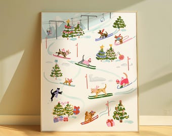 Holiday Wall Art Print: Skiing Cats and Dogs - Festive Winter Decor