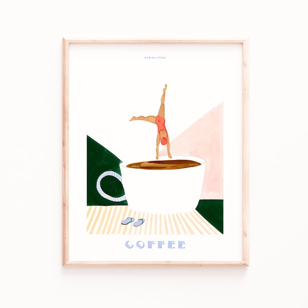 Coffee Poster Print, Coffee Girl Cartwheel, Retro Art, Kitchen Wall Art, Art Deco Poster
