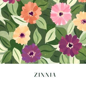 Puede incluir: Ilustraci&oacute;n floral colorida de zinnias en tonos naranja, rosa, amarillo y morado. Las flores est&aacute;n rodeadas de hojas verdes, creando un dise&ntilde;o vibrante y natural. La palabra "ZINNIA" est&aacute; impresa en verde oscuro en la parte inferior.