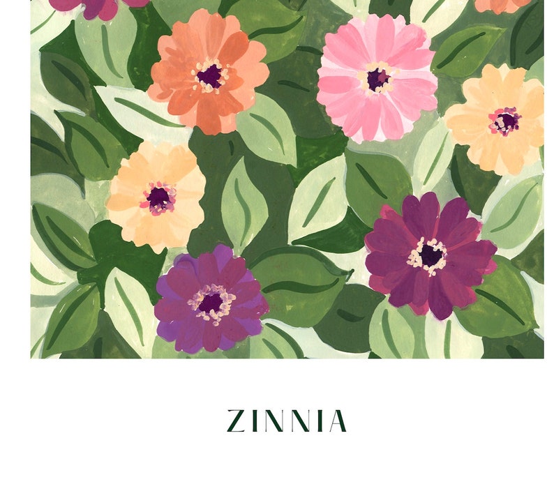Puede incluir: Ilustraci&oacute;n floral colorida de zinnias en tonos naranja, rosa, amarillo y morado. Las flores est&aacute;n rodeadas de hojas verdes, creando un dise&ntilde;o vibrante y natural. La palabra "ZINNIA" est&aacute; impresa en verde oscuro en la parte inferior.
