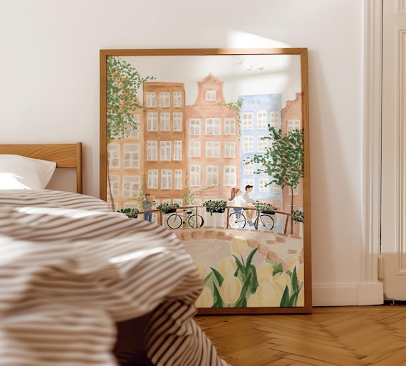 Amsterdam Art Print – Pastel Canal Cityscape with Tulips