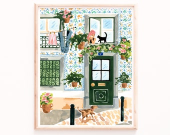 Portugal Art Print, Lisbon Illustration, Portuguese Tiles, Buildings, Cats and Dogs, Porto Portugal, Watercolor Giclee Painting, Sabina Fenn