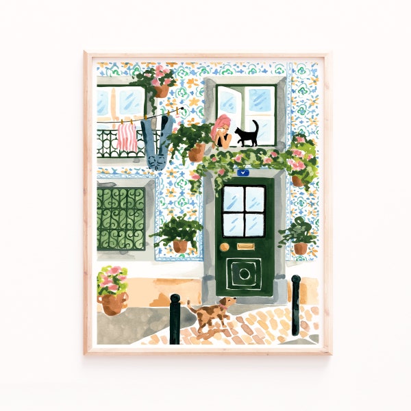 Portugal Art Print, Lisbon Illustration, Portuguese Tiles, Buildings, Cats and Dogs, Porto Portugal, Watercolor Giclee Painting, Sabina Fenn