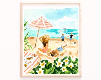 Family at the Beach Print, Tropical Wall Art, Retro Beach Prints, Boho Beach Wall Art, Watercolor