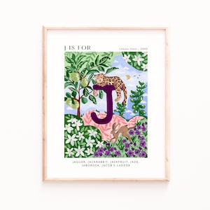 Monograma J Art Print, Impresiones del alfabeto, Arte alfabético de la pared, Decoración de guardería, Impresiones de guardería, Habitación para bebés, Habitación para niños, Impresiones de letras, Animales