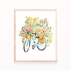 花の自転車プリント、花柄の壁アート、かわいい自転車、女の子の部屋の装飾、水彩画の花、サビーナ・フェン