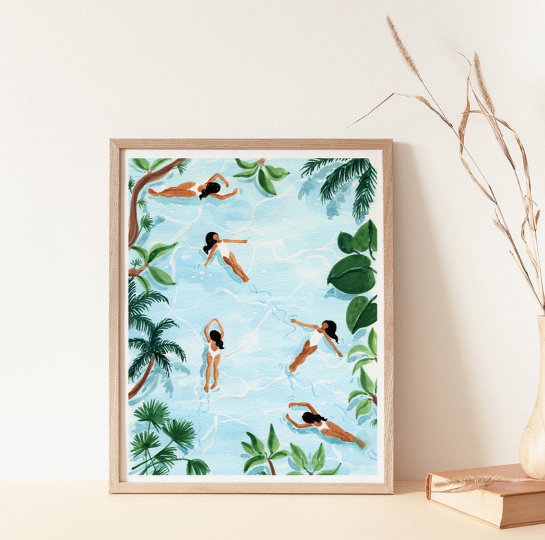 May include: A watercolor painting of five women swimming in a pool surrounded by tropical plants. The women are wearing white swimsuits and have dark hair. The water is a light blue color and the plants are green.