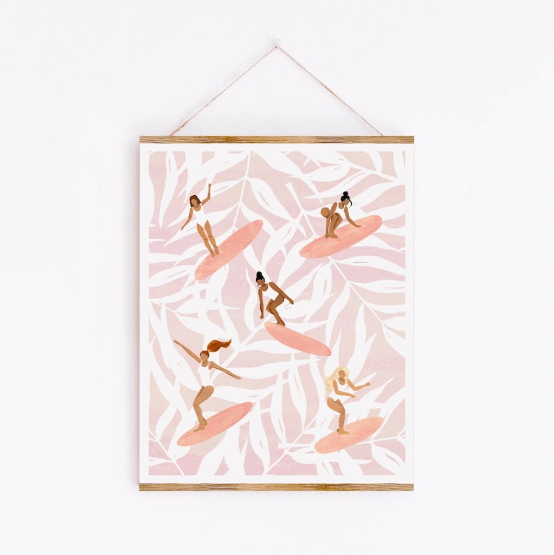 Women Surfing Print, Tropical Art Print, Surf Wall Art, Summer Prints, Bedroom Art Prints, Pink Wall Art, Ocean Art Prints, Women image 1