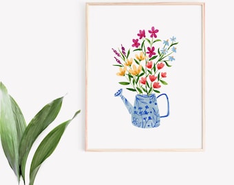 Watering Can Flower Art Print - Hand-Painted Botanical Design