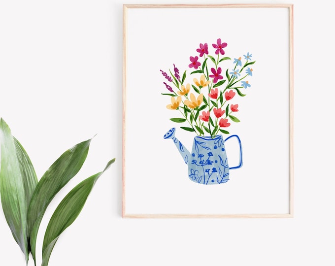 Watering Can Flower Art Print - Hand-Painted Botanical Design