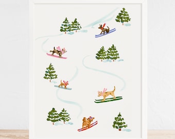 Winter Animal Art Print: Skiing Dogs