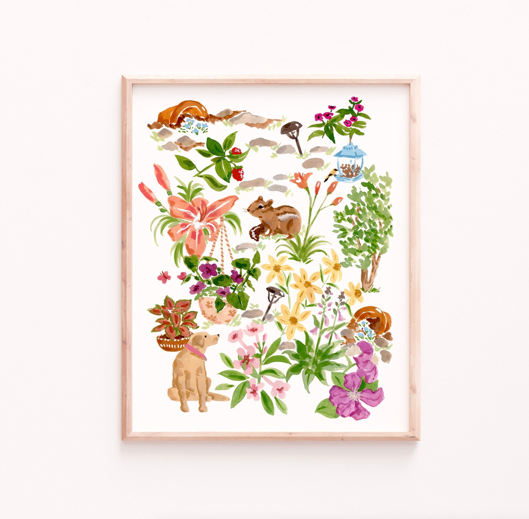 Botanical Watercolor Print: Dog, Chipmunk & Garden Plants
