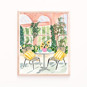 Rosa Botanischer Garten Cafe Kunstdruck - Üppige Blumenwandkunst, gemütliche Cafe Vibes, perfekt für Küche, Esszimmer oder Büro