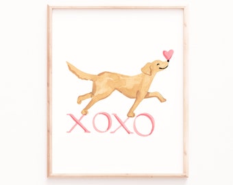 Valentine's Day Art Print, Xoxo Valentine, Golden Labrador Watercolor, Valentine's Wall Art, Watercolor Valentines Dog, Valentines Decor