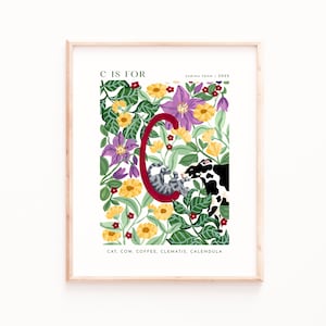 Monograma C Art Print, Impresiones del alfabeto, Arte alfabético de la pared, Decoración de guardería, Impresiones de guardería, Habitación para bebés, Habitación para niños, Impresiones de letras, Animales