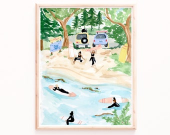 Beach Print, Ocean Wall Art, Sea Prints, Surf Wall Art, Coastal Home Decor, Summer Giclee Art Prints, Surfers on a Beach, British Columbia