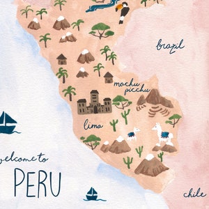 Peru Karte Kunstdruck Sabina Fenn Illustration tropischen Wand Dekor Aquarell und Gouache Malerei peruanische geographische Kunstwerk Bild 4