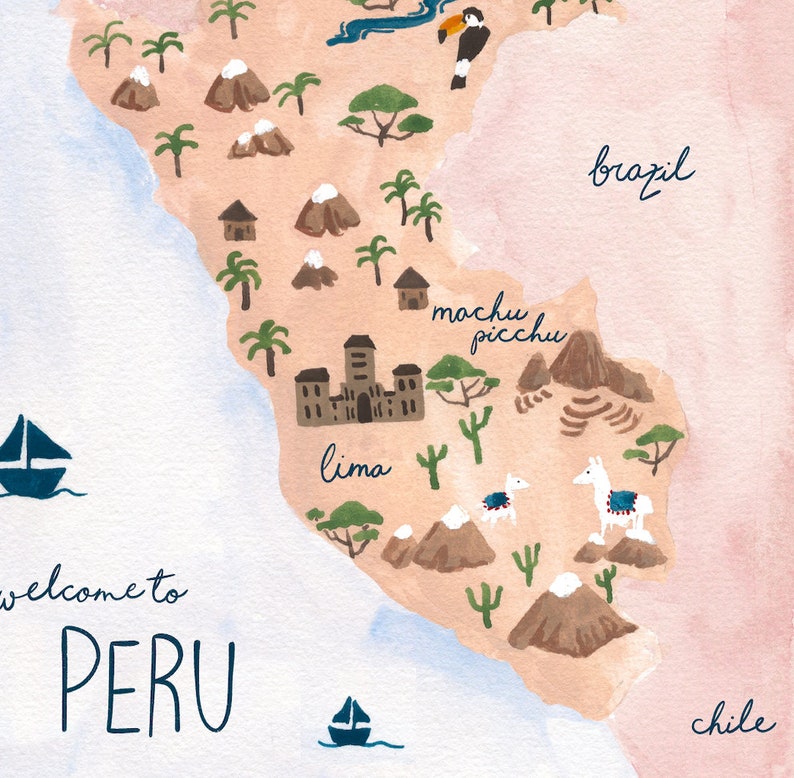 Peru Karte Kunstdruck Sabina Fenn Illustration tropischen Wand Dekor Aquarell und Gouache Malerei peruanische geographische Kunstwerk Bild 4