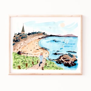 Impresión de St Malo, Bretaña Francia, Arte de la pared de viaje, Acuarela del paisaje, Playa de la mujer, Mariniere, Pueblo, Arte de Francia, Saint Malo, Bretaña