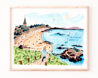 Mont St Michel Wall Art: Watercolor Travel Print - Matte Finish