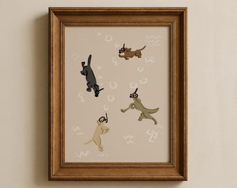 Swimming Dogs Art Print, Whimsical Nursery Decor