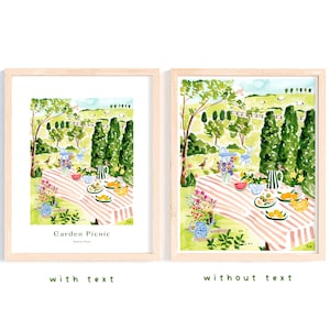 May include: A watercolor painting of a garden picnic scene. A pink and white striped tablecloth is laid out on the grass with a variety of food and drinks. There are flowers in a blue vase, a watermelon, lemons, and a pitcher of lemonade. The text "Garden Picnic" is written in black at the bottom of the image.