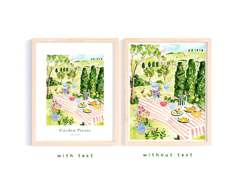 May include: A watercolor painting of a garden picnic scene. A pink and white striped tablecloth is laid out on the grass with a variety of food and drinks. There are flowers in a blue vase, a watermelon, lemons, and a pitcher of lemonade. The text "Garden Picnic" is written in black at the bottom of the image.