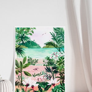 Beach Art Print, Tropical Ocean Botanical Illustration, Lush Watercolor Painting, Bird and Trees Landscape, Seaside Wall Art, Bathroom Art image 5