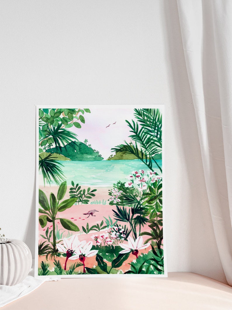 Beach Art Print, Tropical Ocean Botanical Illustration, Lush Watercolor Painting, Bird and Trees Landscape, Seaside Wall Art, Bathroom Art image 5