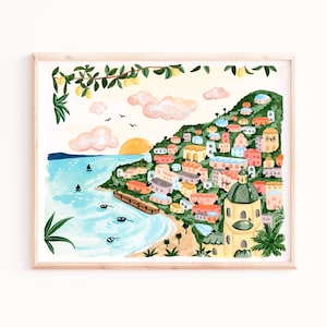 Amalfi Coast Art Print, Positano Beach Painting, Travel Theme Wall Art, Italy Prints, Tropical Decor, Beach House Art, Adventure Gifts