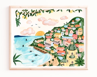 Amalfi Coast Print, Positano Beach Print, Illustration, Travel Prints, Kids Room Decor, Tropical Art Prints, Sabina Fenn, Beach Art