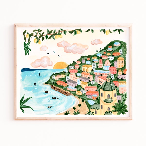 Amalfi Coast Print, Positano Beach Print, Illustration, Travel Prints, Kids Room Decor, Tropical Art Prints, Sabina Fenn, Beach Art