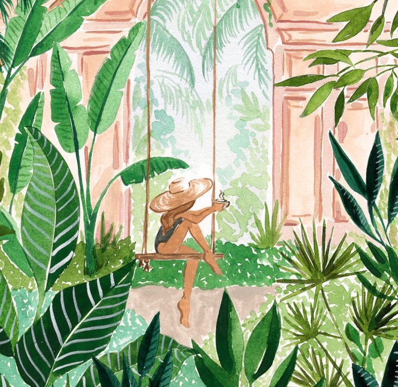 May include: A woman wearing a wide-brimmed hat sits on a swing in a lush green jungle setting. She is holding a cup and looking out at the view. The scene is painted in watercolor with soft, muted colors.