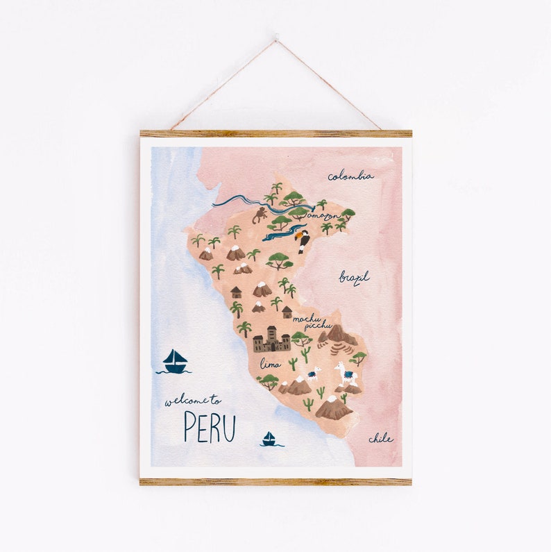 Peru Karte Kunstdruck Sabina Fenn Illustration tropischen Wand Dekor Aquarell und Gouache Malerei peruanische geographische Kunstwerk Bild 1